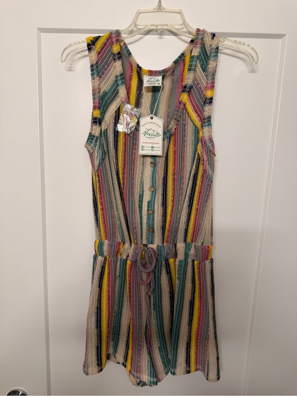 Very J Multicolor Striped Knit Romper — Yellow, Teal, Pink Accents